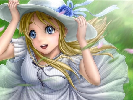 Anime girl with a hat - fantasy, wind, cute, hat, anime, girl