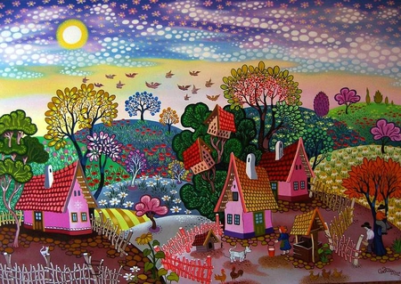 Another vivid tales of Koday Laszlo - woman, painting, village, fence, art, dog, tree, koday laszlo