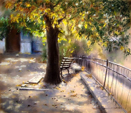 Yushin Helena. Fall of ripe chestnuts. (pastel) - painting, fence, yushin helena, art