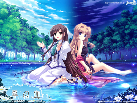 midori no umi - sky, aqua, day, long hair, night, water, wet, barefoot, 2girls, brown hair, blonde hair, hair band, dress