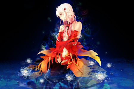 Yuzuriha Inori - female, girl, water, darkness, reflection, pink, red, blue, yuzuriha inori, anime, orange, short hair, outfit