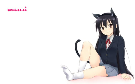 Nakano Azusa - anime, animal ears, catgirl, seifuku, tail, long hair, k-on, school girl, brown eyes, anime girl, girl, kawai, kaiga, nakano azusa, white, black hair, cute, sexy