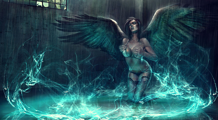 Fallen Angel - thigh highs, lone, angel, female, rain, wings, anime girl, fantasy, bikini, beautiful, angel wings