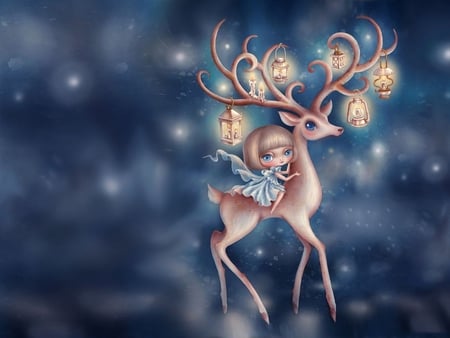 CHRISTMAS REINDEER - reindeer, lantern, female, candles, animal, christmas