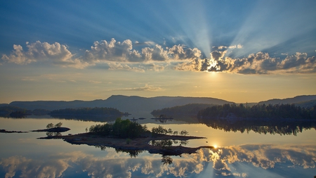 Sunset over the Lake - rays, sky, lake, trees, clouds, mountains, sunset