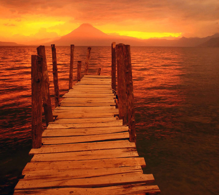 Sunshine on the Trestle - sunset, trestle, sea, golden, light, mountain