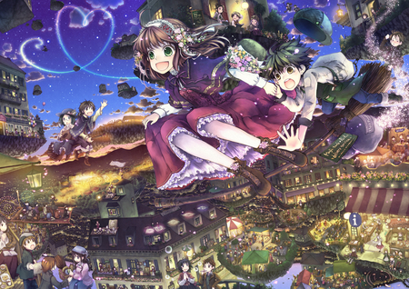 World full with witches - witches, anime, dress, girl, stars, kawai, male, cute, sky, building