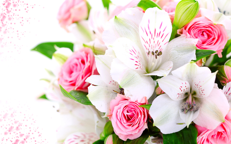 Lovely Flowers - nice, beauty, roses, photography, delicate, pink rose, bouquet, rose, still life, with love, white, lily, pretty, petals, romance, green, cute, harmony, pink roses, soft, orchid, for you, lovely, nature, white flowers, romantic, pink, beautiful, leaves, flowers