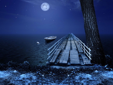 Single night - moon, beach, night, water, single, sea, boat