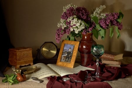 Still Life - vase, book, beautiful, lilac, flowers, watch, cigar, musical notes, box, glass