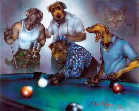 Dogs playing pool - cartoon, art, funny, other