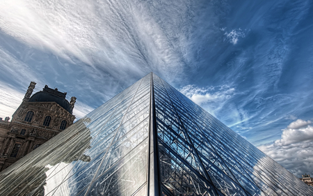 Louvre Pyramid - museum, beautiful, sky, architecture, clouds, louvre, pyramid, nature, monuments