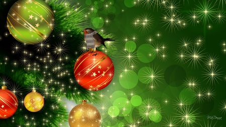 Christmas Shine and Bird - bird, bokeh, balls, stars, firefox persona, tree, christmas, feliz navidad, glow, cold, decorations, xmas, shine