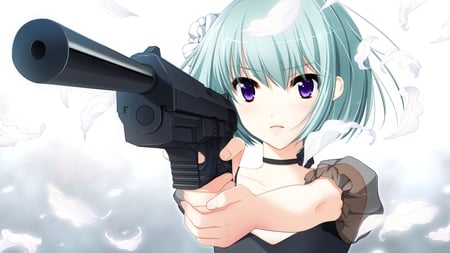 Gun girl - short hair, gun, gakuen taima, weapon, game cg, leaves