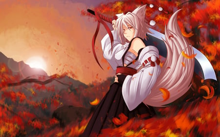 Touhou - touhou, inubashiri momiji, sword, weapon, tail, wolfgirl, white hair