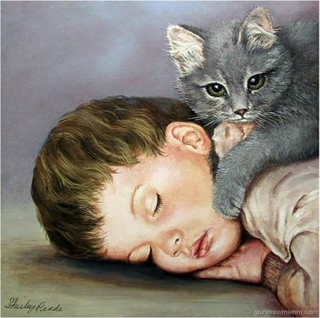 Friends - people, cat, feline, kitten, painting, art, boy, animal, sweet