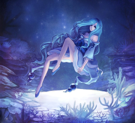 Original - wt, blue eyes, water, long hair, aqua hair, dress