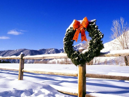 Happy Holidays - fence, snow, winter, wreath, country, christmas