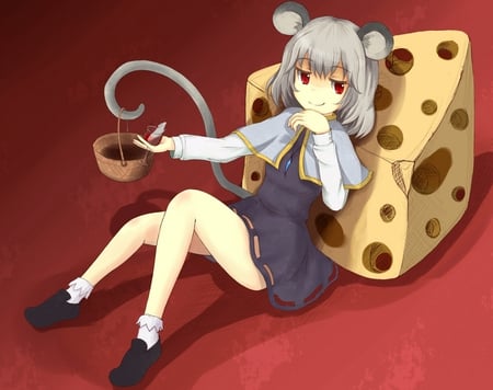 Nazrin - kawai, tail, touhou, animal, drink, cute, short hair, gray hair, anime, anime girl, girl, dress, red eyes, animal ears, food, nazrin