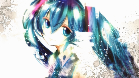 Hatsune Miku - aqua, music, anime girl, white, art, amazing, cool, aqua eyes, artistic, hatsune miku, light, song, stunning, vocaloids, glow, program, vocaloid, pink, beautiful, uniform, diva, beauty, nice, twintail, singer, aqua hair, black, virtual, glowing, pretty, idol, anime, miku, cute, twin tail, girl, sparkle, cg, hatsune, blue, awesome, digital, outfit