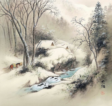 Koukei Kojima. Winter, a farmer ... - nature, painting, art, snow, winter, koukei kojima