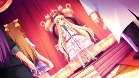 Too many people - tears, anime, kazamine suzuka, haruka ruha, shinsei ni shite okasubekarazu, crown, dress, girl, blush, brown hair, long hair, microphone, kawai, cute, blue eyes, game cg