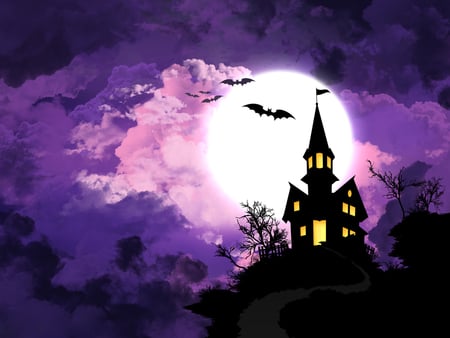 Purple night - moon, halloween, night, castle