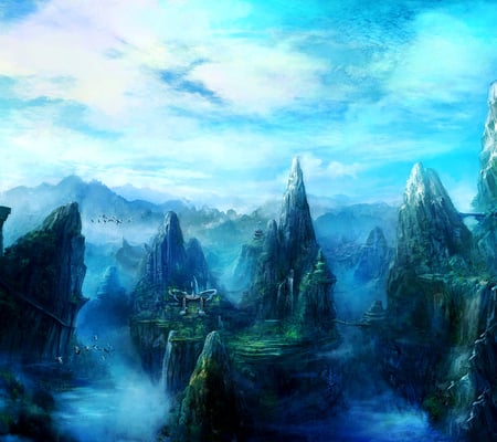 Mysterious Dreamland - imaginary, sky, blue, mountains, dreamland, fantasy, fairyland