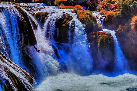 Jump - daring, autumn, powerful, beautiful, thrillseeker, insane, crazy, waterfall