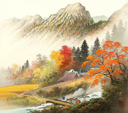 Koukei Kojima. Across the river, past the field ... - koukei kojima, river, drawing, autumn, art, mountain, tree