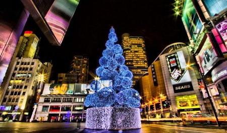 Christmas-tree-in-downtown - christmasm blue, modern, light, city, tree, lamp