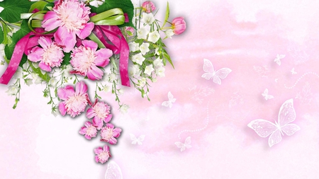 Chrysanthemums and Butterflies - pink, soft, ribbon, summer, flowers, firefox persona, spring, butterflies