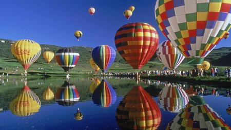 beautiful balloons - photography, water, colorful, vehicle, reflections, nature, balloons, hot air balloons, flight, fly