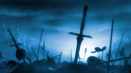 tre563 - graveyard, art, abstract, dark, swords, blue, 3d and cg, fantasy