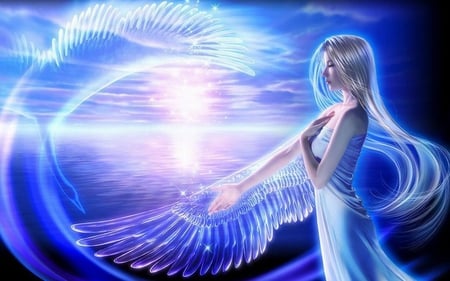 Beautiful blue angel - clouds, water, 2011, angel, fantasy, picture, wings, 12, 11