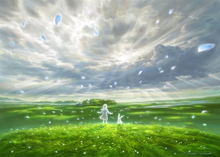 Peaceful Place - girl, clouds, anime, water, anime girl, grass, wind