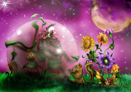 Purple Moon Garden - moon, sky, purple, abstract, fairy, flowers, fantasy