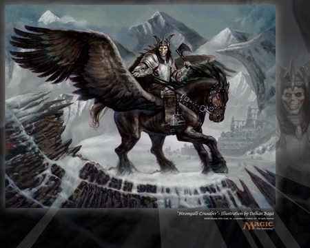 Stromgald Crusader - card game, warrior, snow, death, horse, dark, skull, magic the gathering, cards, winged, wings, skeleton, mountains