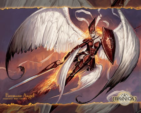 Firemane Angel - card game, warrior, sword, angel, magic the gathering, cards, winged, wings, shield