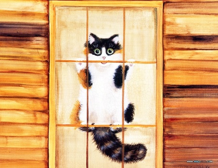 Let Me Out....Please! - painting, art, window, cat, calico cat, escape