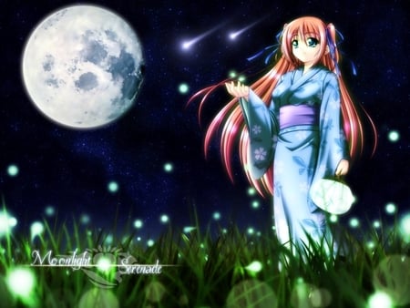 Moonlight Girl - fireflies, moonlight, fan, kimono girl