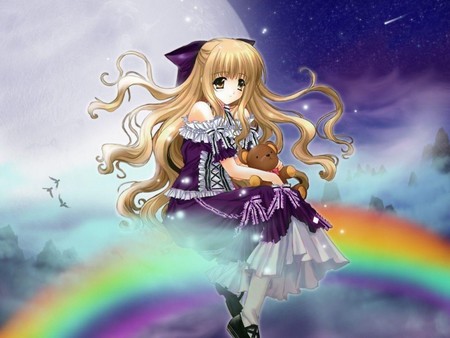 Girl on a rainbow - anime, rainbow, girl