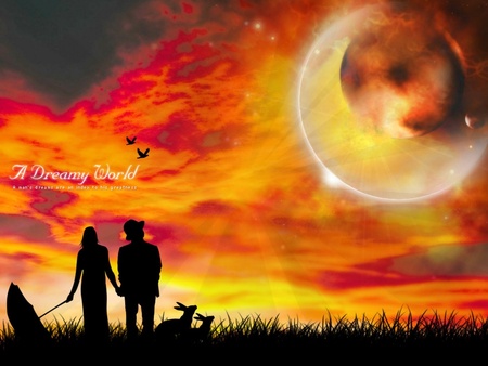 A Dreamy World - moon, dogs, red sky, field, peaceful, couple, sky