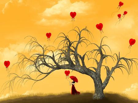 Sending Love - woman, love, bows, sky, girl, hearts, balloons, romantic, clouds, red, umbrella, tree, happy