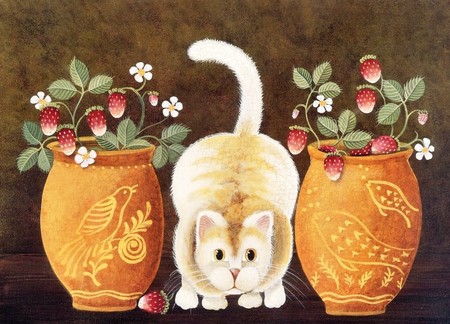 Oh Oh....They See Me! - art, strawberries, cat, kitty, pots