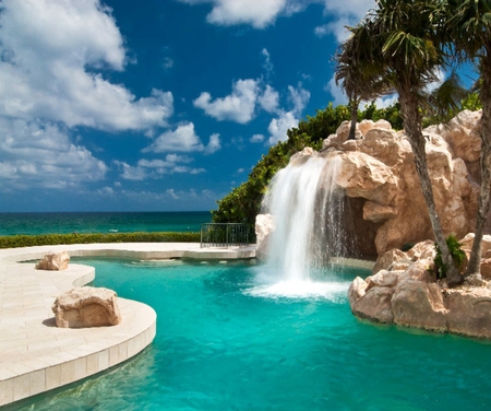 Gorgeous View - swimming pool, waterfall, gorgeous, beautiful, view, sea, palm tree