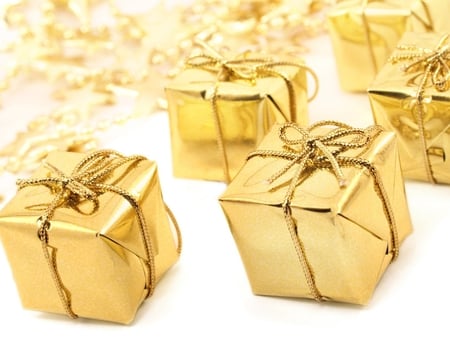 Golden gifts - beauty, present, gold, surprise, christmas, box, merry christmas, beautiful, holiday, golden, ribbon, gifts