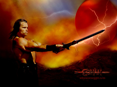 conan - sword, lighting, muscles, arnold schwarzenegger