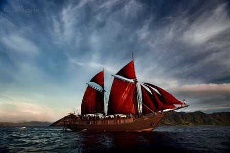 Red Sail - sailboat, land, sea, red