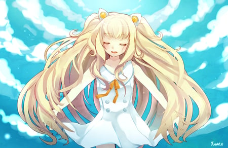 Seeu - sky, blonde hair, vocaloid, long hair, dress